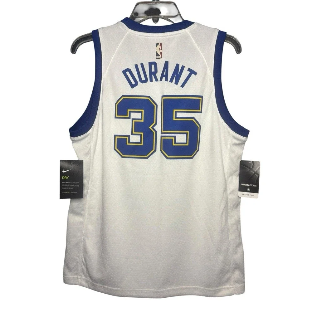 Nike White and Blue Warriors #35 Basketball Jersey